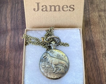 Bronze Dinosaur Pocket Watch: Personalized Engraved Gift Box