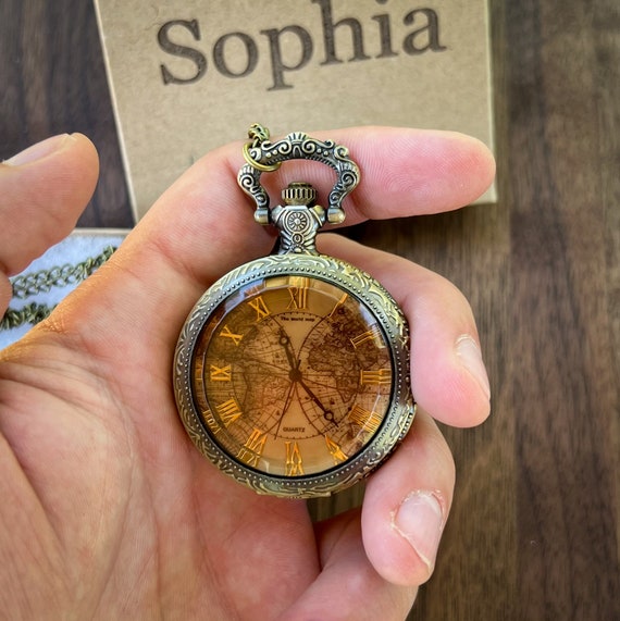 Brown Globe Pocket Watch: Personalized Engraved Gift Box Set UK