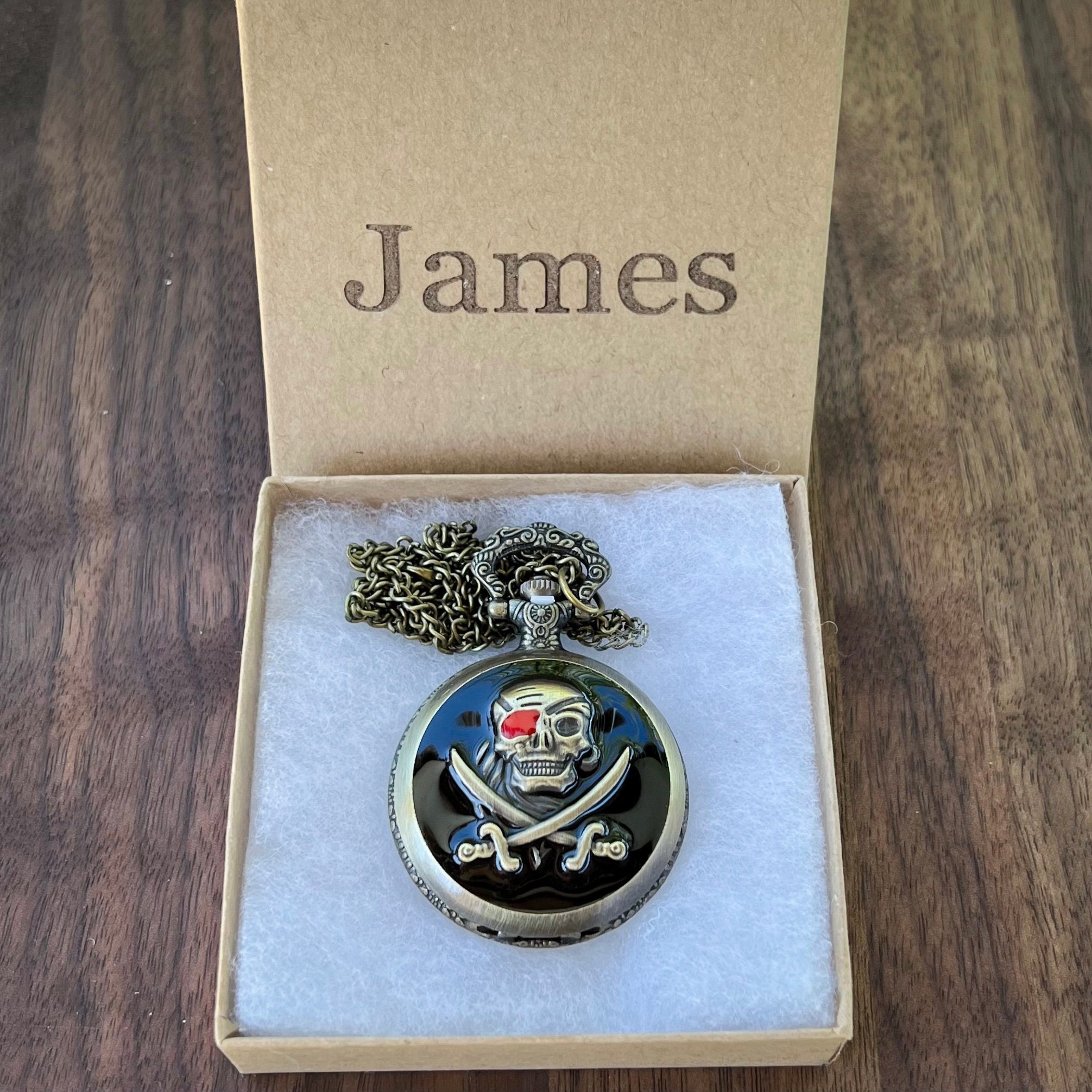 Pirate Skull Pocket Watch Personalized Engraved Gift Box Set