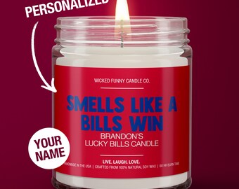 Vela personalizada con el aroma de una victoria de los Bills. Regalo personalizado de los Buffalo Bills para fanáticos de los Bills. Vela del día del juego de la suerte. Regalos para mamá. Vela de la suerte.
