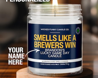 Vela personalizada con el aroma de una victoria de los Cerveceros, regalo personalizado de los Cerveceros de Milwaukee para fanáticos de los Cerveceros, vela de béisbol del día del juego de la suerte, decoración del día del juego