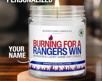 Vela personalizada para quemar por una victoria de los Rangers. Regalo personalizado de los New York Rangers para fanáticos de los Rangers. Vela de hockey del día del juego de la suerte. Decoración del día del juego.