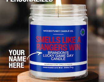 Vela personalizada con el aroma de una victoria de los Rangers. Regalo personalizado de los New York Rangers para fanáticos de los Rangers. Vela de hockey para el día del partido. Decoración para el día del partido.