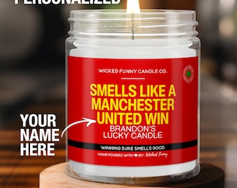 Vela personalizada del Manchester United con aroma a victoria del Manchester United. Regalo de fútbol para fans del Manchester United. Decoración para el día del partido.