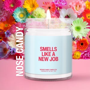 May include: A lit candle in a glass jar with a light blue label that reads "Smells Like A New Job." The candle is surrounded by colorful flowers against a pink background. The text "Nose Candy" is printed vertically on the left side.