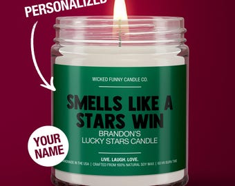Vela personalizada con aroma a estrellas, regalo personalizado de los Dallas Stars para fanáticos de las estrellas, vela del día del juego de la suerte, regalos para mamá, vela de la suerte