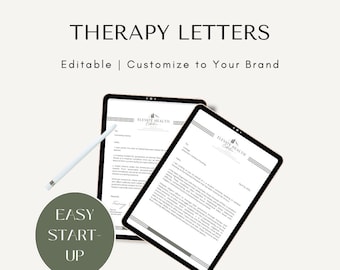 Könnte beinhalten: Zwei digitale Tablet-Bildschirme, die editierbare Therapiebriefvorlagen anzeigen. Die Vorlagen zeigen ein Logo für "Elevate Health Collective" und enthalten Text für "Therapy Letters" und "Editable | Customize to Your Brand".