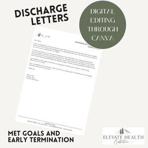 Op de afbeelding: Een witte brief met de tekst "DISCHARGE LETTERS" in het zwart. De brief bevat de tekst "MET GOALS AND EARLY TERMINATION" en "DIGITAL EDITING THROUGH CANVA". Het logo van "ELEVATE HEALTH Collective" is ook zichtbaar.