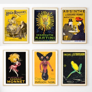 Vintage Bar Poster Kunst Set, Martini Cocktail Print-Set, Retro Wandkunst, Gelbes Wohndekor, Wermut, Absinth
