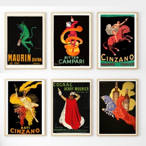 Póster de bar vintage con impresiones de cócteles, Campari, coñac, Cinzano y vermú. Juego de 6 impresiones únicas para pared, decoración de cocina