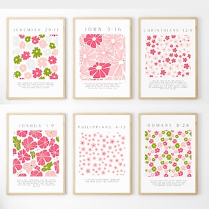 Pink Flower Christian Art, Set of 6 Prints, Bible Verse Decor, Inspirational Wall Art, Digital Download