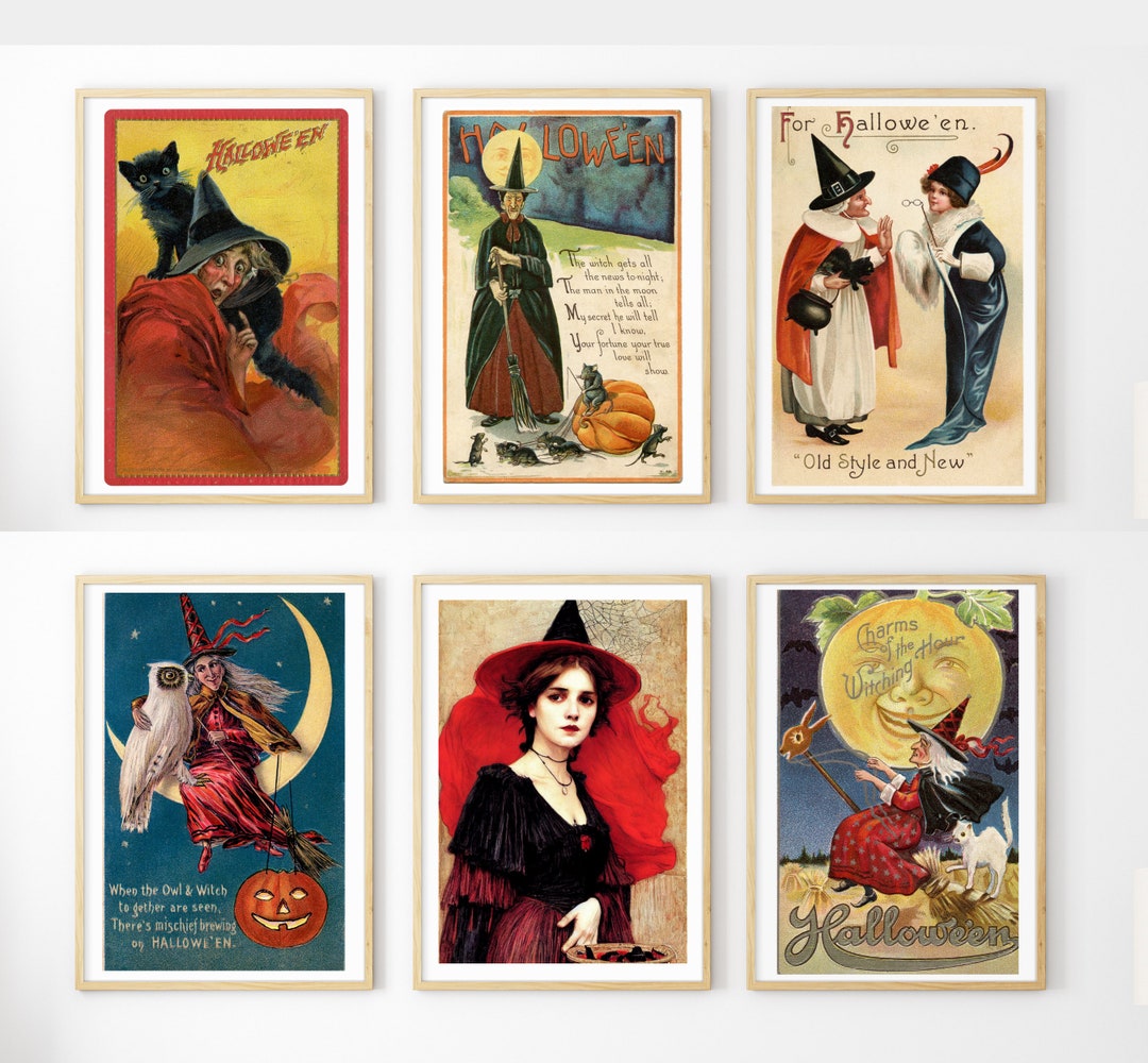 Vintage Witch Wall Art Printable Set, Halloween Party Decor, Retro ...