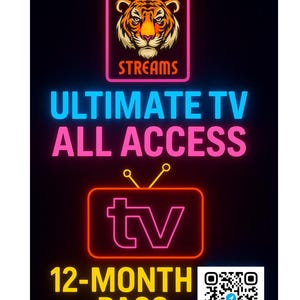 Könnte beinhalten: Digitalgrafik mit schwarzem Hintergrund, die den Text "ULTIMATE TV ALL ACCESS" in blauem und pinkfarbenem Neon zeigt. Das Bild enthält ein Tiger-Logo und ein TV-Symbol. Die Worte "12-MONTH PASS" sind gelb.