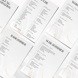 Puede incluir: Cinco listas de verificaci&oacute;n imprimibles para organizar un hogar. Cada lista de verificaci&oacute;n tiene un t&iacute;tulo en texto negro sobre un fondo blanco con un patr&oacute;n de m&aacute;rmol. Los t&iacute;tulos son "Organizaci&oacute;n", "Ba&ntilde;o", "Dormitorio", "Sala de estar" y "Cocina".