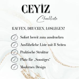 Puede incluir: Una lista de verificaci&oacute;n para una boda o una despedida de soltera, titulada "&Ccedil;EYİZ Checklist". La lista de verificaci&oacute;n incluye cinco elementos: "Listo para imprimir inmediatamente", "Lista detallada con 8 p&aacute;ginas", "Estructura pr&aacute;ctica", "Espacio para "Otro"