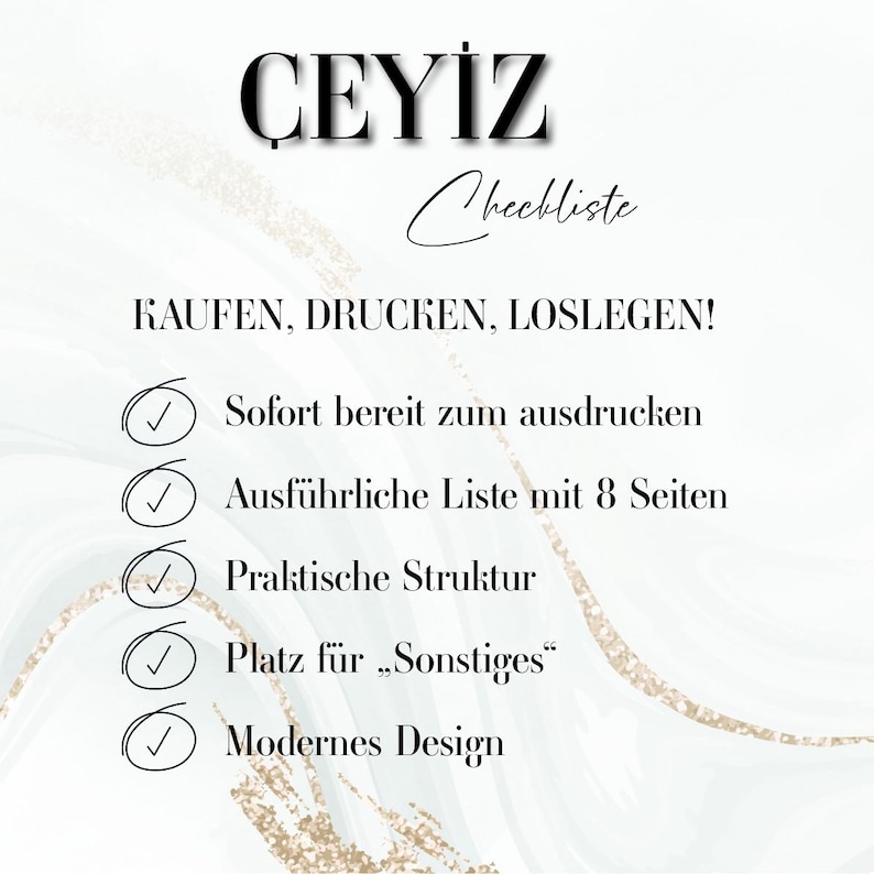 Puede incluir: Una lista de verificaci&oacute;n para una boda o una despedida de soltera, titulada "&Ccedil;EYİZ Checklist". La lista de verificaci&oacute;n incluye cinco elementos: "Listo para imprimir inmediatamente", "Lista detallada con 8 p&aacute;ginas", "Estructura pr&aacute;ctica", "Espacio para "Otro"