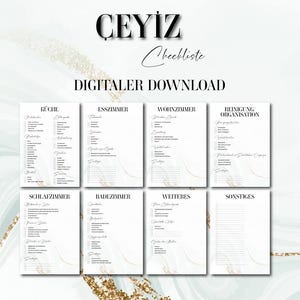 Può includere: Un elenco di controllo per un registro di regali di nozze o di inaugurazione della casa. L'elenco di controllo è diviso in categorie: Cucina, Sala da pranzo, Soggiorno, Pulizia e organizzazione, Camera da letto, Bagno, Altro e Varie. L'elenco di controllo è progettato con uno sfondo in marmo e dettagli dorati.