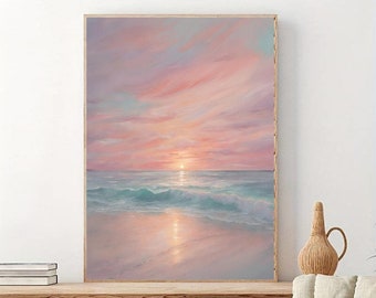 Beach Sunset Pastel Photo Printable Ocean Sunset Blue Blush Pink Print Sea Sunrise Poster Seascape Coastal Wall Decor Seashore Wave Print