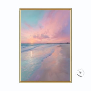 Zachód słońca na plaży, pastelowe zdjęcie do druku, zachód słońca na oceanie, niebieski, różowy, plakat ze wschodem słońca, pejzaż morski, dekoracja ścienna, nadmorskie fale, nadruk
