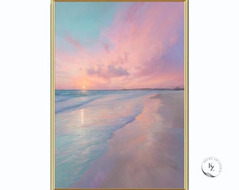 Beach Sunset Pastel Photo Printable Ocean Sunset Blue Blush Pink Print Sea Sunrise Poster Seascape Coastal Wall Decor Seashore Wave Print