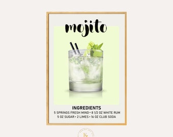 Mojitococktailprint: minimalistisch retro bardecor (digitale download)