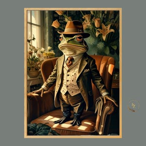 Puede incluir: Una rana verde con un traje marrón, un chaleco blanco y un sombrero fedora marrón. La rana está sentada en un sillón de cuero marrón en una habitación con una ventana y flores.