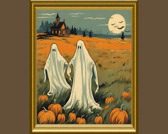 Ghosts Art Print, Halloween Art Print, Halloween Decor, Cute Ghosts in Field, Spooky Vintage Halloween, Printable Wall Art, Digital Download