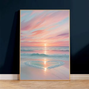 May include: A painting of a pink and blue sunset over the ocean with a heart shape formed by the waves on the beach.