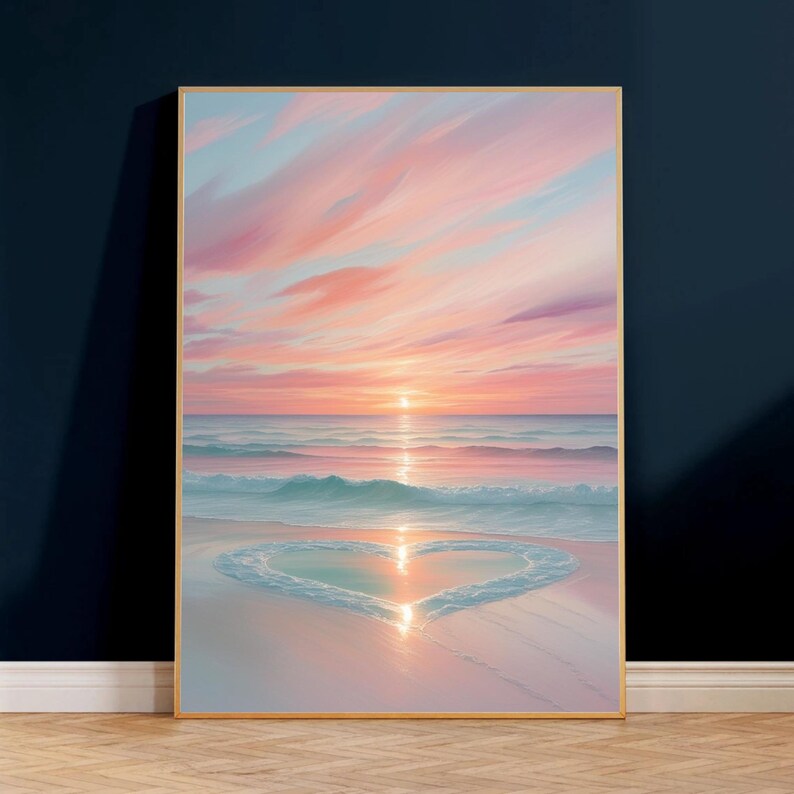May include: A painting of a pink and blue sunset over the ocean with a heart shape formed by the waves on the beach.