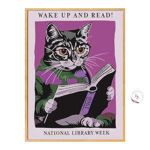 cat reading books - Wake Up and Read - library prints - bookish poster -  cat poster - library poster - cat artwork - cat illustration