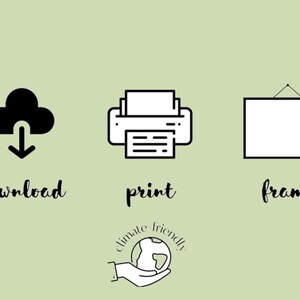May include: Black and white illustration of a cloud with a download arrow, a printer, and a picture frame. The text "download", "print", and "frame" are written below each icon. A hand holding a globe with the text "climate friendly" is shown below the icons.