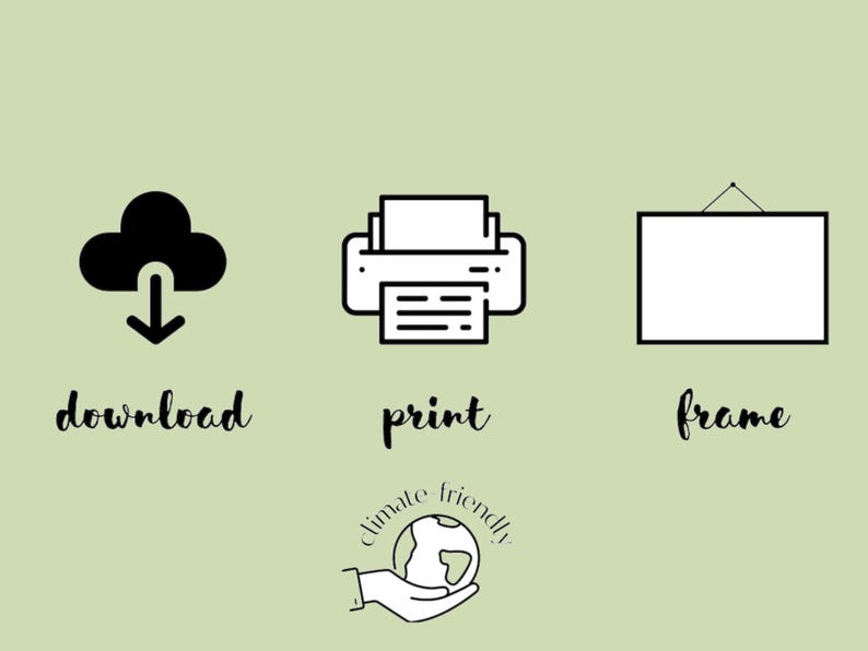 May include: Black and white illustration of a cloud with a download arrow, a printer, and a picture frame. The text "download", "print", and "frame" are written below each icon. A hand holding a globe with the text "climate friendly" is shown below the icons.