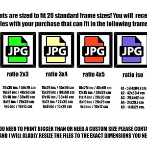 May include: A graphic showing four different aspect ratios for digital prints, with the text "JPG" in each box. The ratios are 2x3, 3x4, 4x5, and iso. The image also includes a list of standard frame sizes in inches and centimeters that each print will fit.