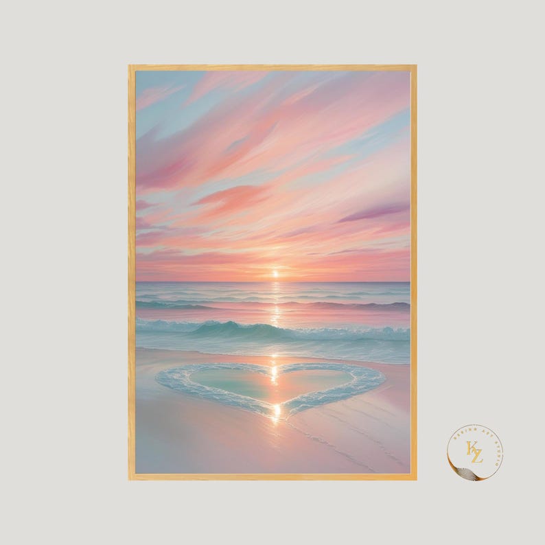 May include: A painting of a pink and blue sunset over a beach with a heart shape drawn in the sand by the waves.
