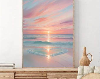 Impresión de atardecer en la playa en tonos pastel: decoración de pared con paisaje costero (descarga digital)