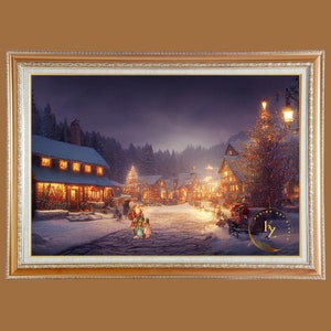 Winter Village PRINTABLE Art | Christmas Vintage Holiday Scene Digital Download | Landscape Painting | Cottage Farmhouse Neutral