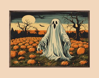 Ghosts Art Print, Halloween Art Print, Halloween Decor, Cute Ghosts in Field, Spooky Vintage Halloween, Printable Wall Art, Digital Download
