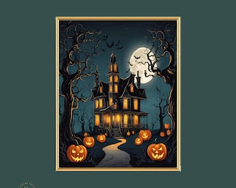 Impresión de bosque oscuro con fantasmas, arte de pared vintage imprimible de Halloween, impresión de estilo cottagecore oscuro, arte rústico de granja, decoración de Dark Academia