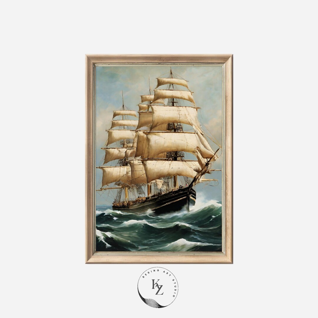 Vintage Nautical Ship Wall Decor Antique Oil Painting of Ship at Sea ...