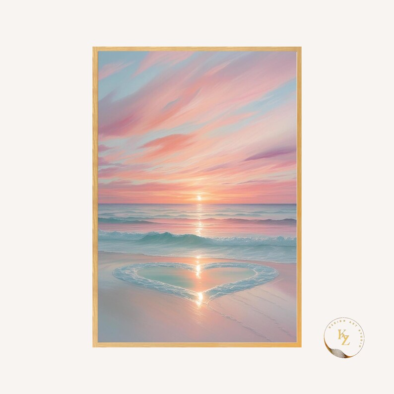 May include: A painting of a pink and blue sunset over a beach with a heart shape drawn in the sand by the waves.