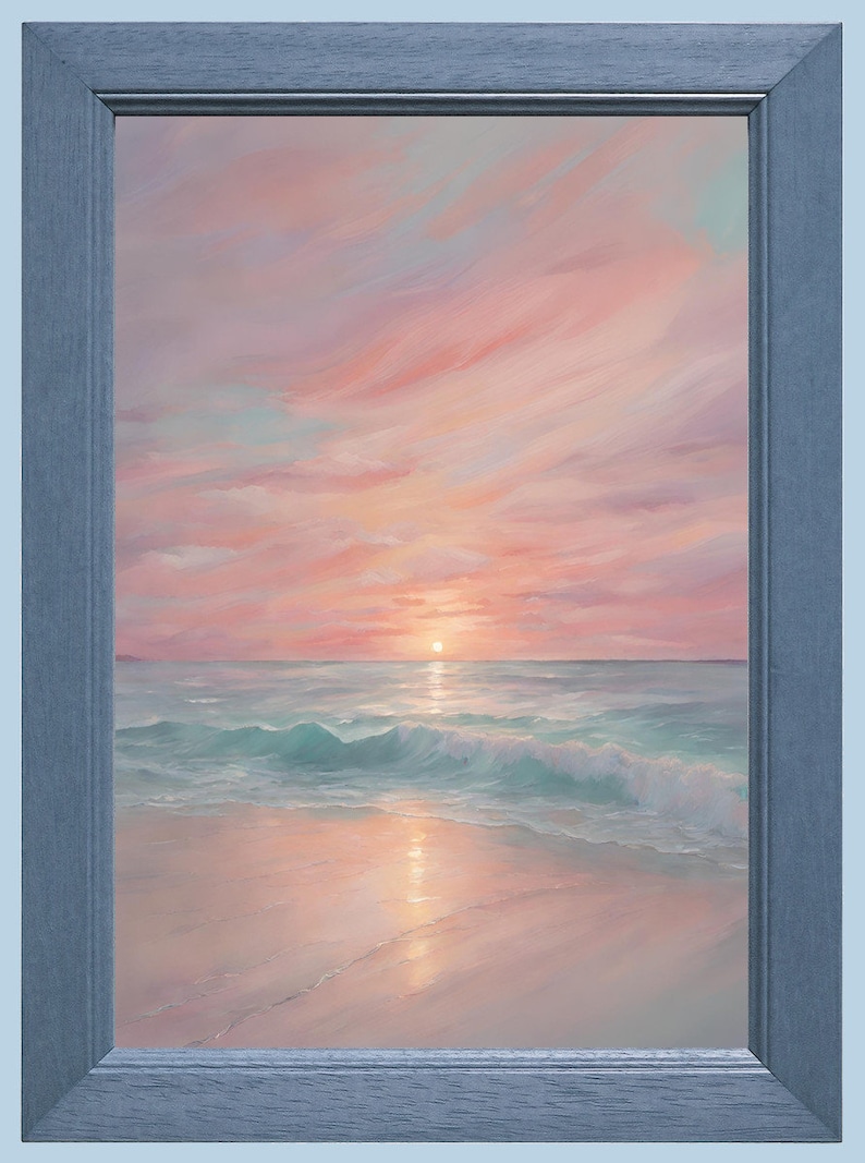 Puede incluir: Una pintura de un paisaje mar&iacute;timo con una puesta de sol rosa y naranja sobre el oc&eacute;ano. Las olas rompen en la orilla y la arena es de color rosa claro.