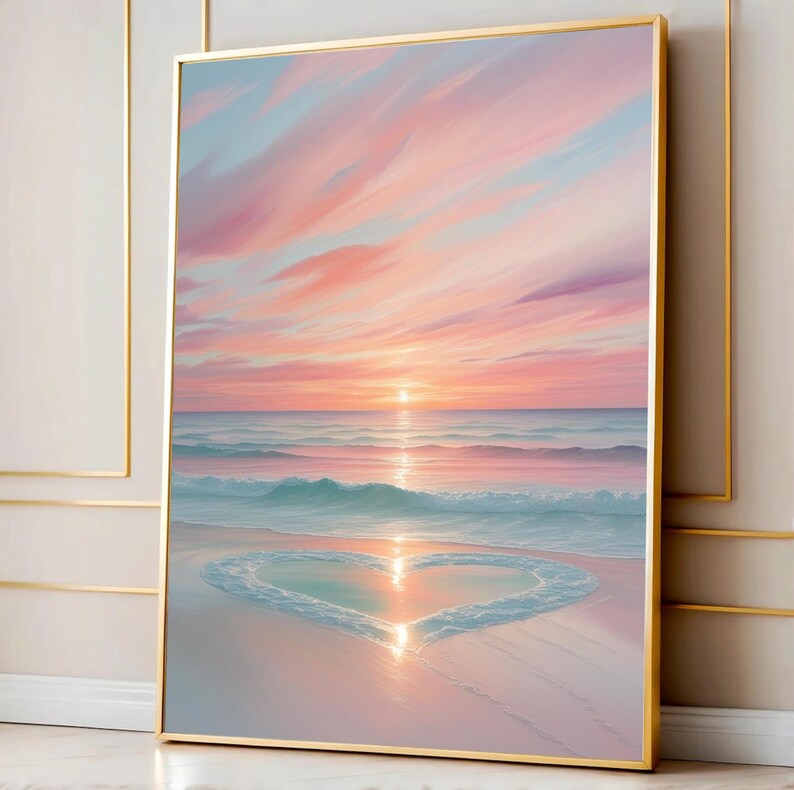 May include: A painting of a pink and blue sunset over a calm ocean with a heart shape formed by the waves on the beach.
