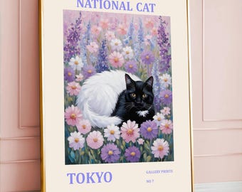 National Cat Tokyo Art Print: Cat & Flowers Poster (Digital Download)