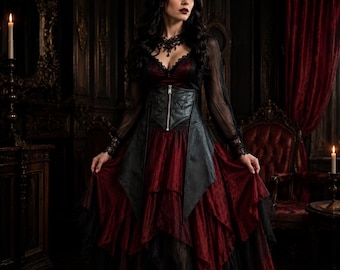 Custom Gothic Corset Belt: Black Vampire Queen Corset with Removable Bat Wings Skirt