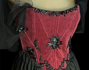 Gothic Korsett: Rotes Samt Taillen Korsett, Tüll Ärmel Crop Top, Dark Romance Stil