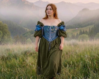 Corsé de fantasía personalizado sobre el busto: Top corsé de satén azul con forma de mariposa y mangas abullonadas, bustier hecho a mano.