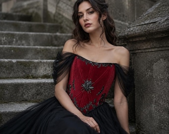 Custom Gothic Corset Top: Red Velvet Overbust Bodice, Fantasy Ren Faire Outfit