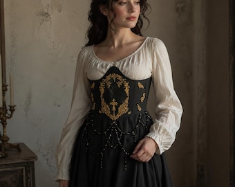 Fantasy Korsett: Schwarz und Gold Gothic Unterbrust, Handgemachter Barocker Ren Faire Gürtel