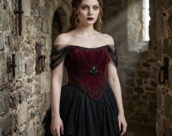 Custom Gothic Corset: Red Velvet Spider Corset, Witchy Fantasy Style
