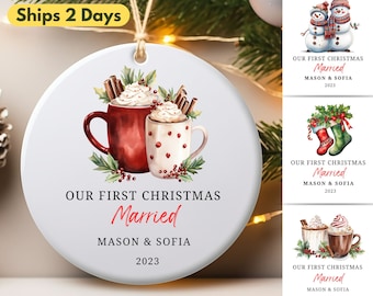 Personalized First Christmas Married Ornament, Ceramic Newlywed Gift